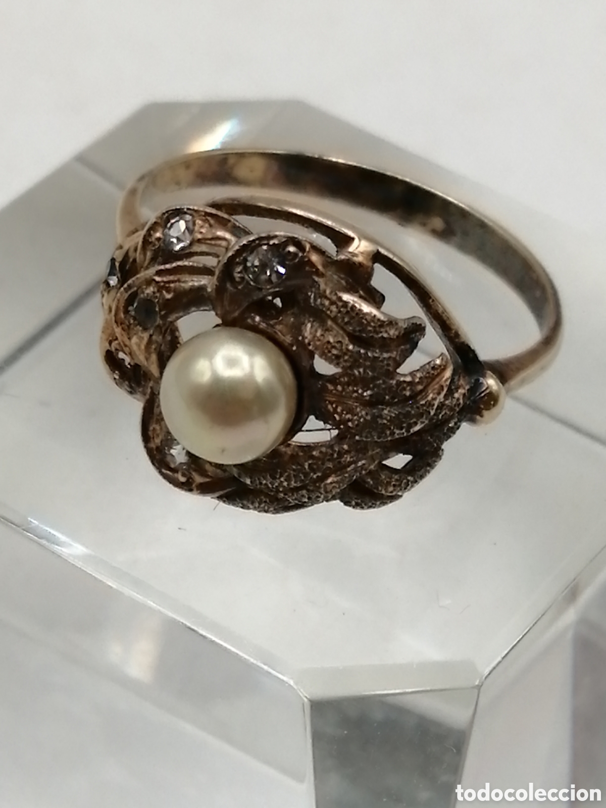 Joyeria: Antiguo anillo plata chapada oro perla y circonitas - Foto 1