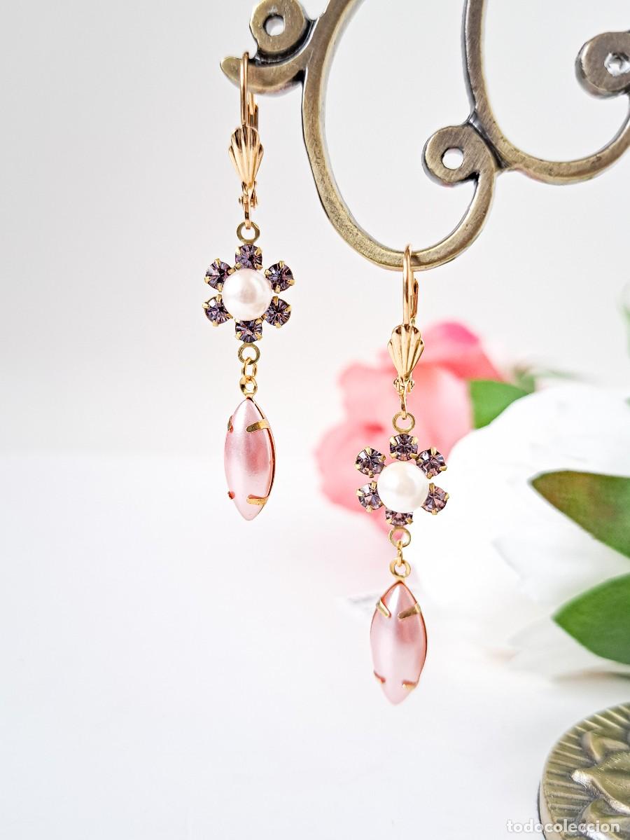 Schmuck: ⌛Pendientes vintage con perla, flor de cristal Swaroski y l&aacute;grima, pendientes largos rosas.