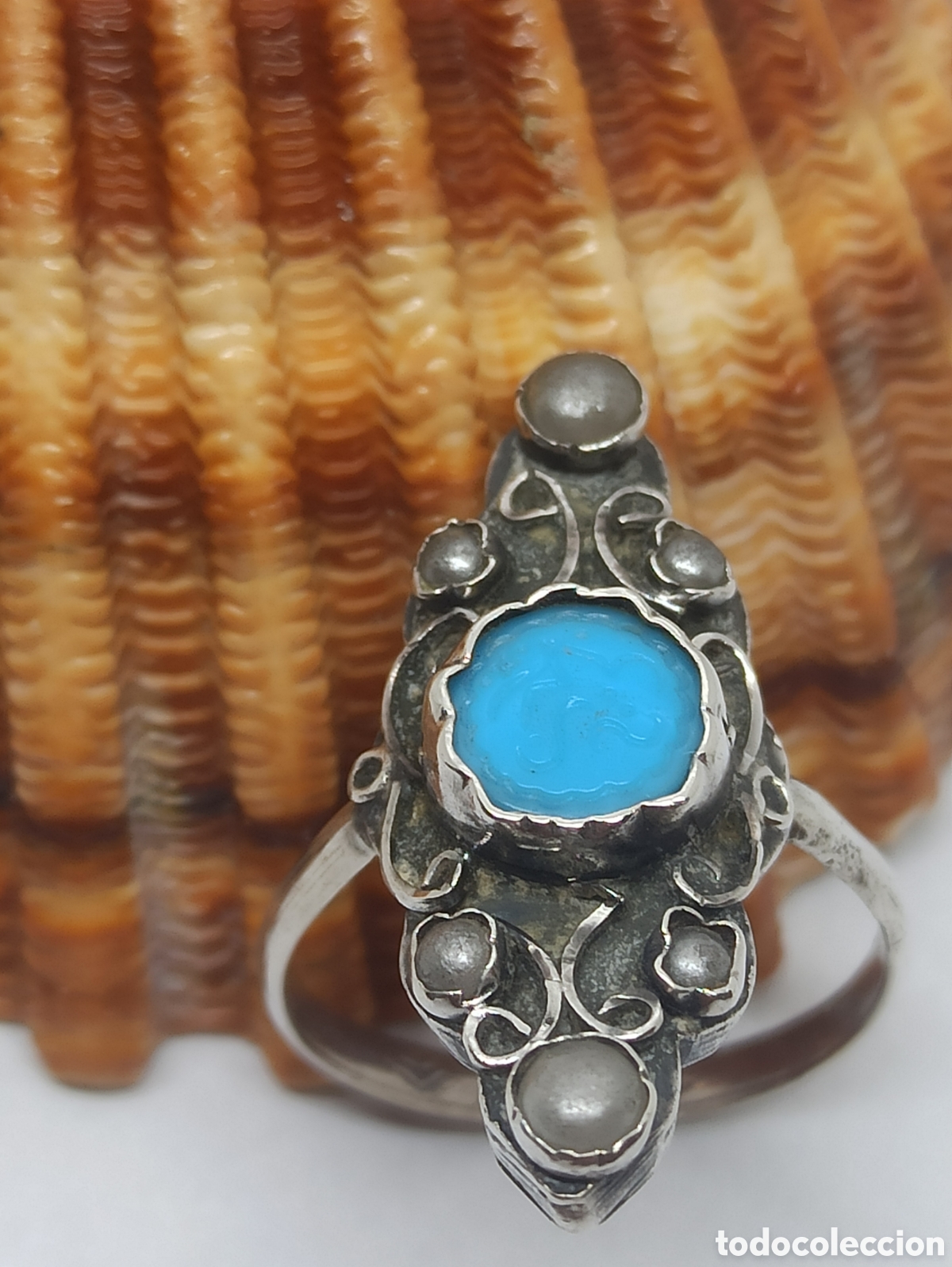Joyeria: Antiguo anillo en plata de Ley 925 Perlas y Turquesa - Foto 2