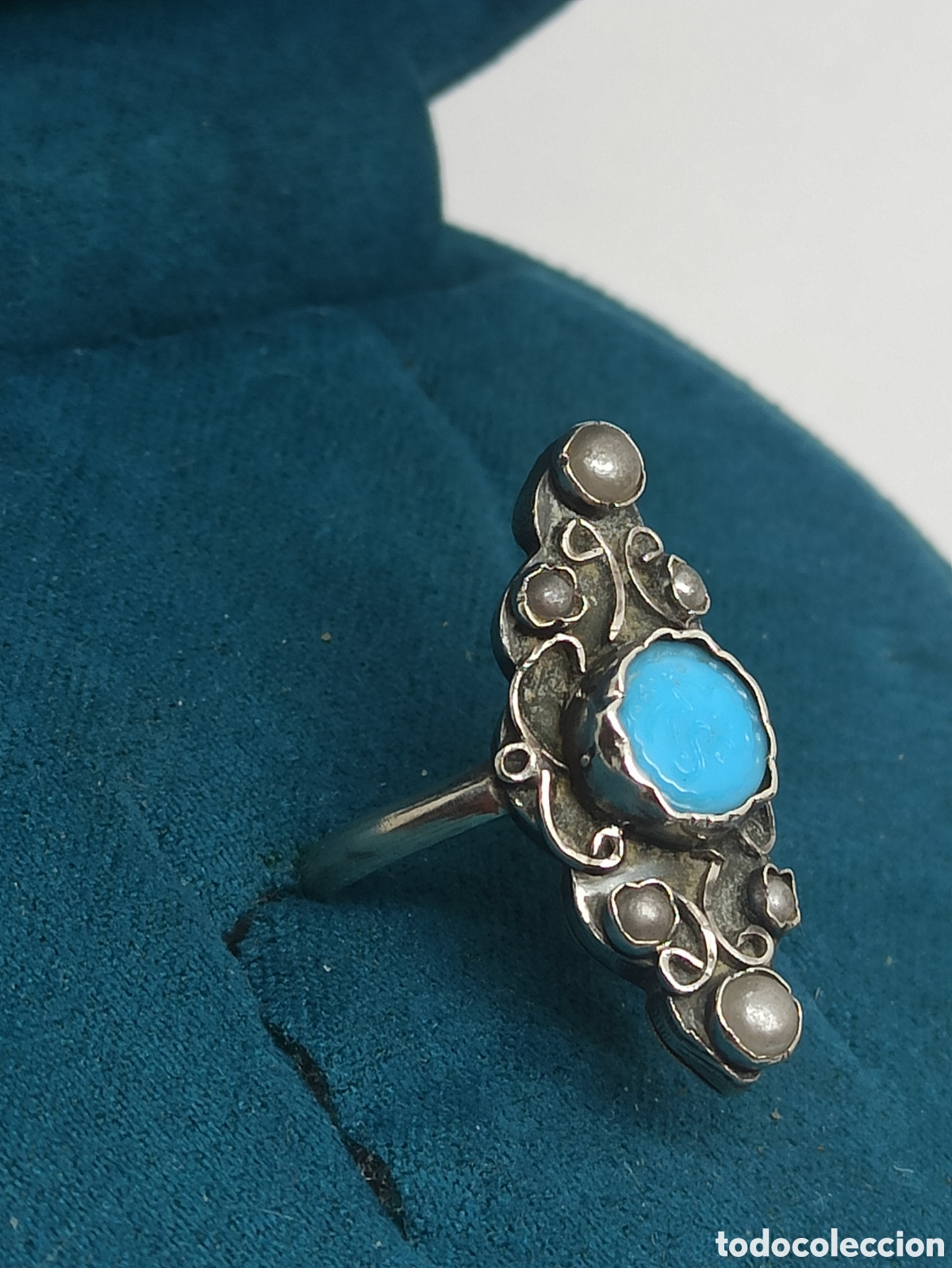 Joyeria: Antiguo anillo en plata de Ley 925 Perlas y Turquesa - Foto 5