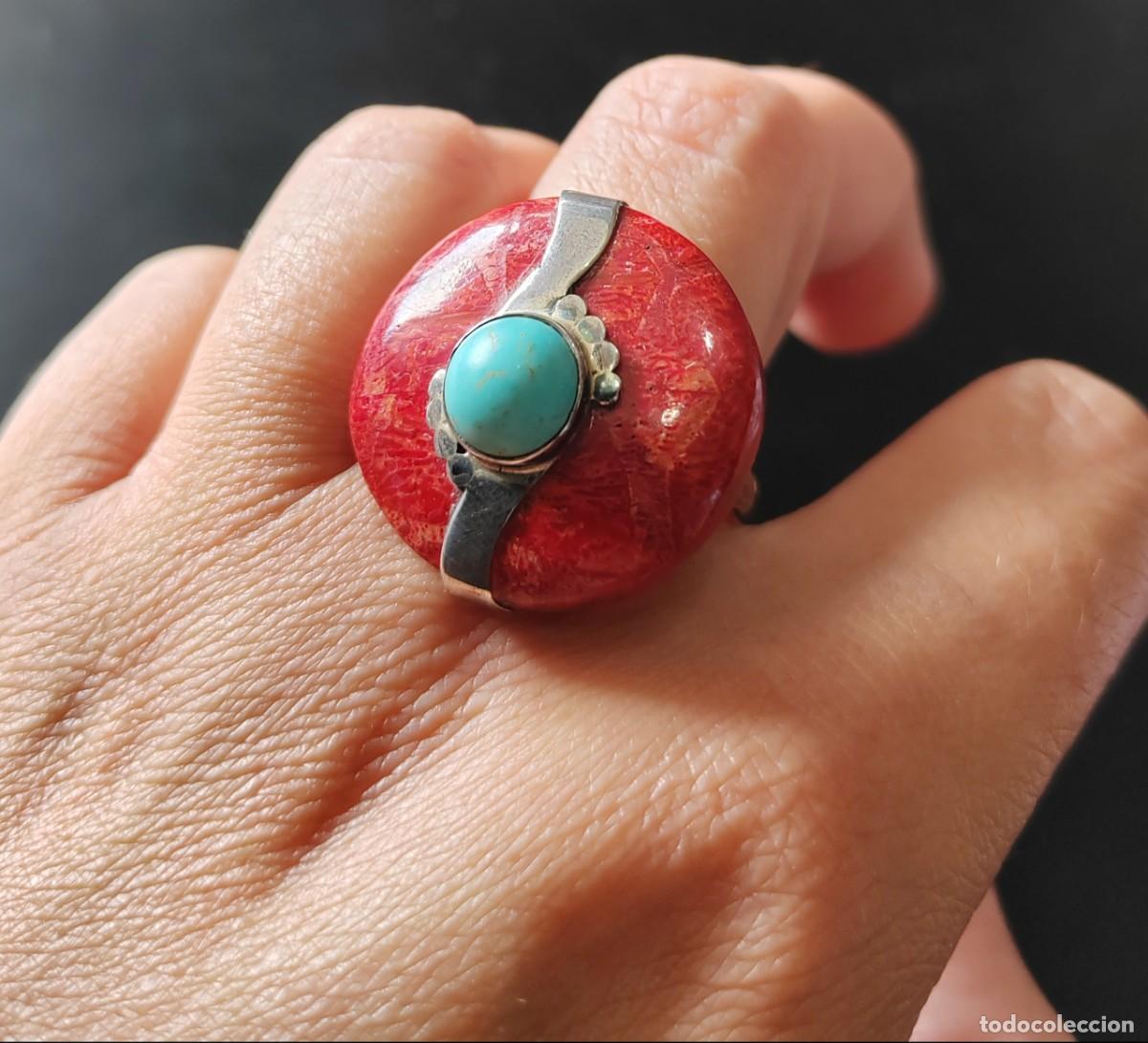 Joyeria: Anillo en Plata de Ley, Coral Esponja y Turquesa - Foto 2