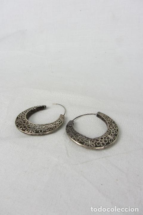 Joyeria: Pendientes de aro de plata de ley siglo XX - Foto 1