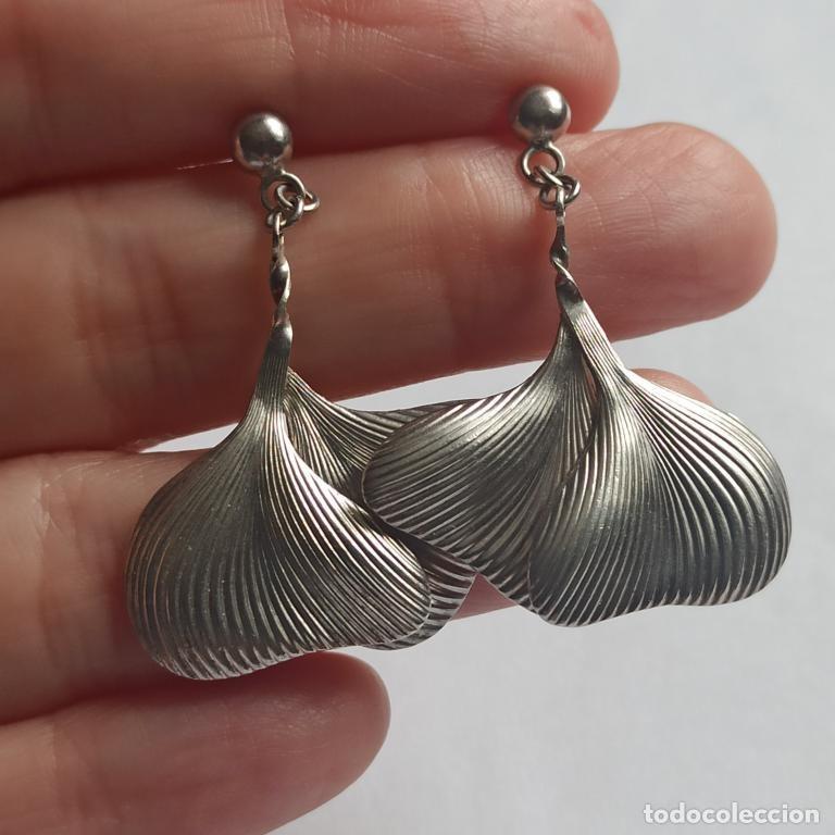 Joaillerie: Vintage 925 Silver Earrings Leaves Etched Stylish Women's Jewelry 1980s 5.6 gr