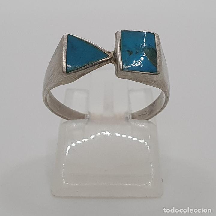 Joyeria: Anillo antiguo en plata de ley 925 con aplicaciones de turquesa talla triangular y rectangular. - Foto 3