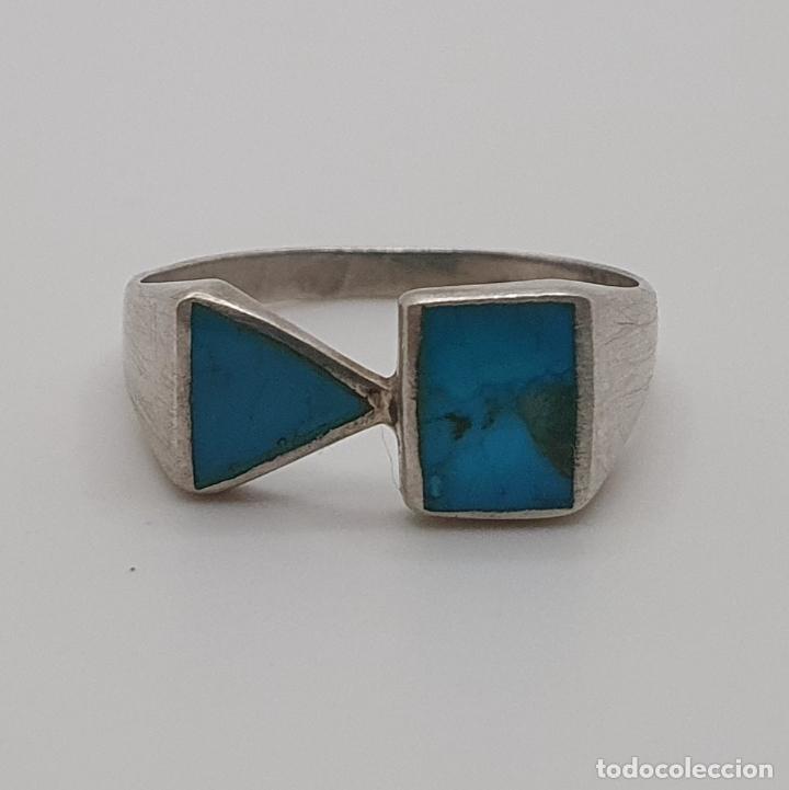 Joyeria: Anillo antiguo en plata de ley 925 con aplicaciones de turquesa talla triangular y rectangular. - Foto 5