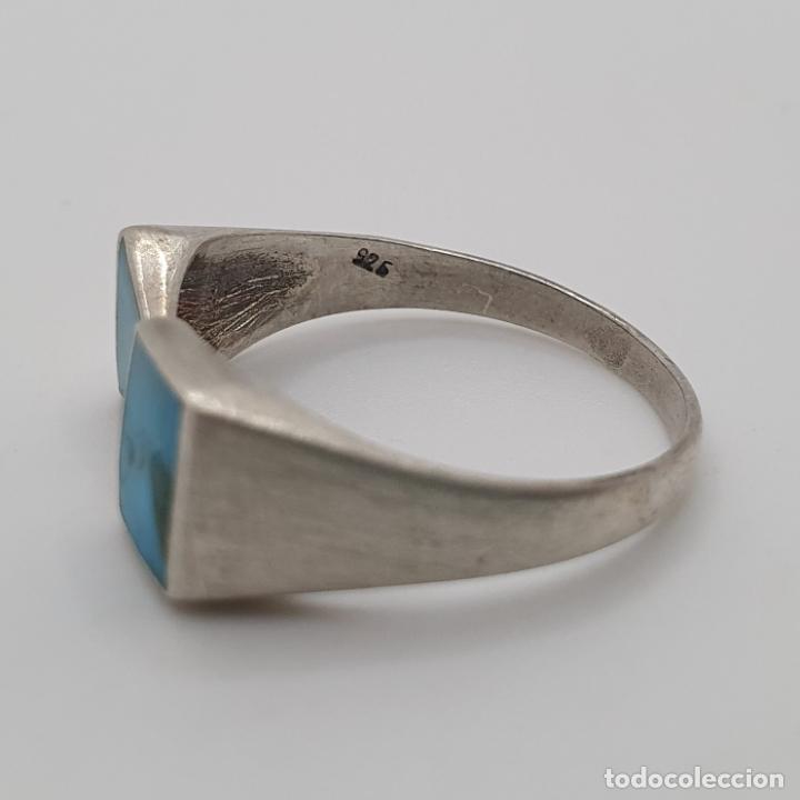 Joyeria: Anillo antiguo en plata de ley 925 con aplicaciones de turquesa talla triangular y rectangular. - Foto 6