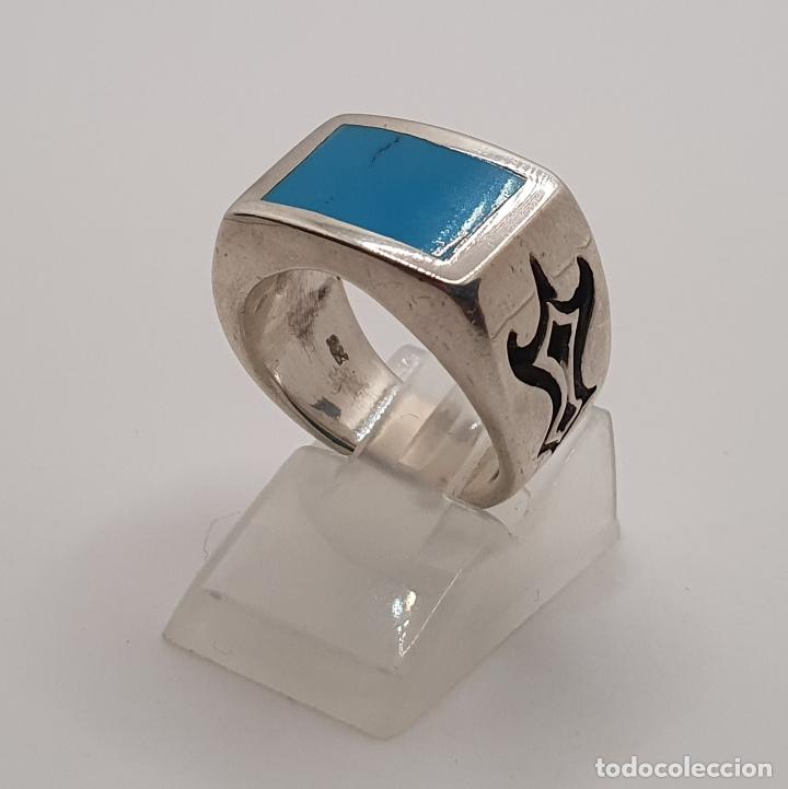 Joyeria: Excelente anillo en plata de ley maciza 925 con cabuj&oacute;n rectangular en azul turquesa. - Foto 2