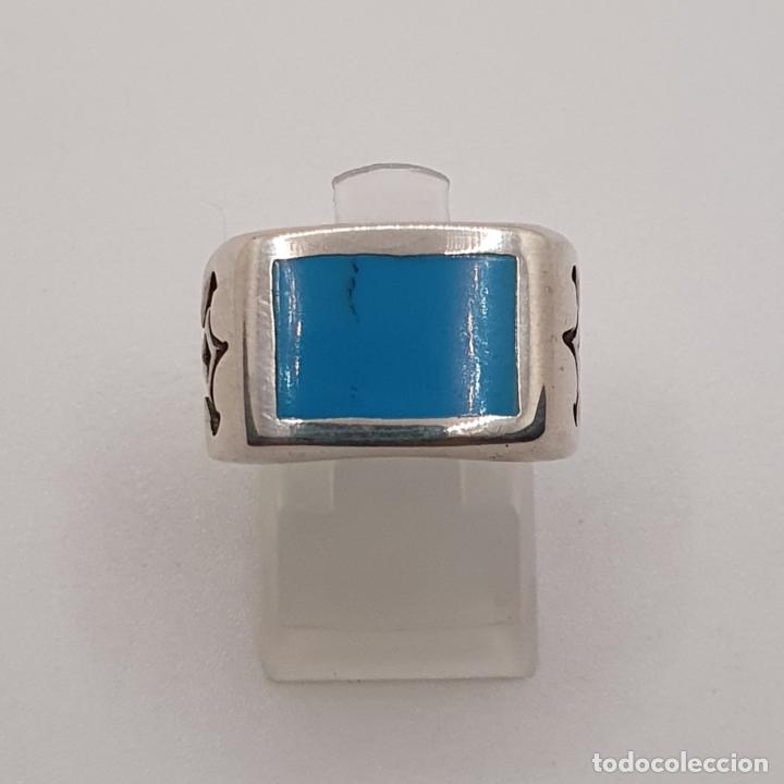 Joyeria: Excelente anillo en plata de ley maciza 925 con cabuj&oacute;n rectangular en azul turquesa. - Foto 3