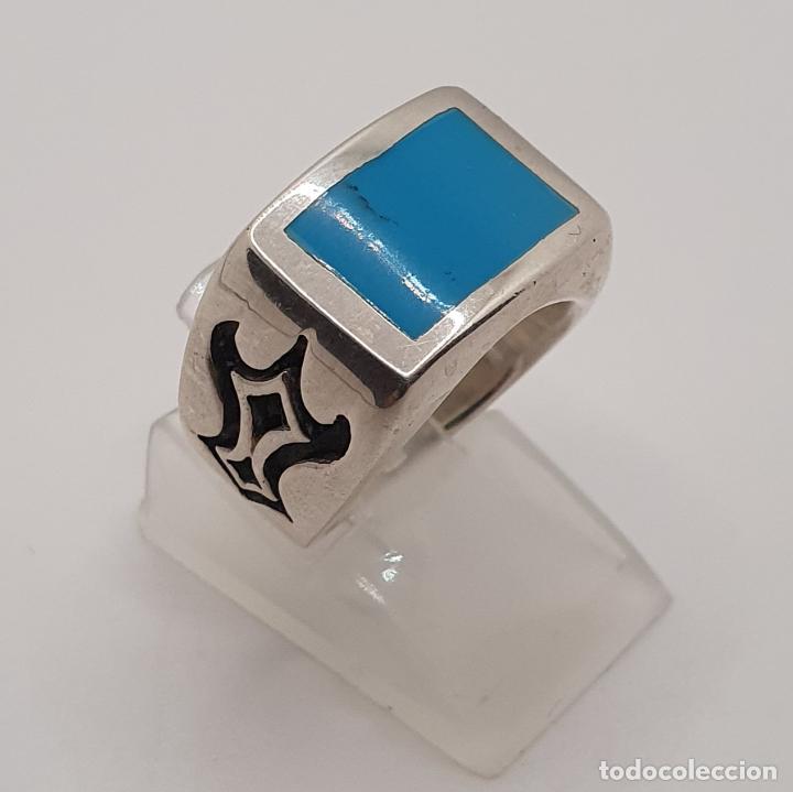 Joyeria: Excelente anillo en plata de ley maciza 925 con cabuj&oacute;n rectangular en azul turquesa. - Foto 4