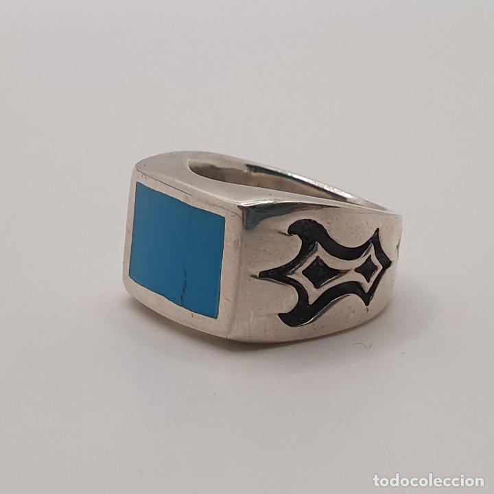 Joyeria: Excelente anillo en plata de ley maciza 925 con cabuj&oacute;n rectangular en azul turquesa. - Foto 1