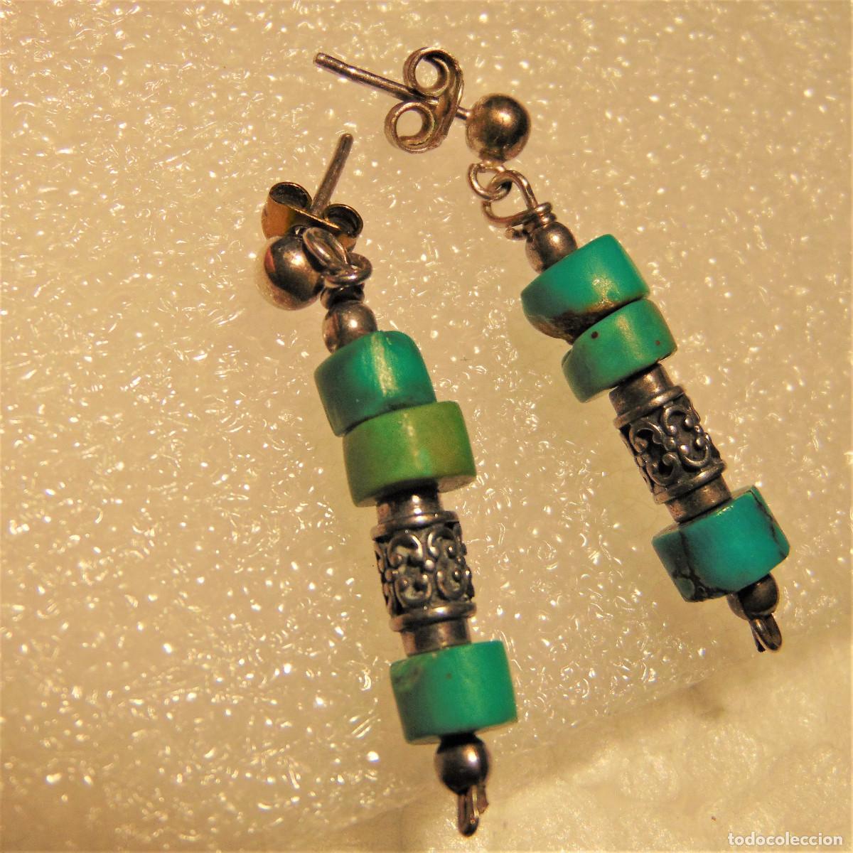 Joaillerie: PENDIENTES DE PLATA LABRADA Y TURQUESA - 3,5 CM DE LARGO - LIGEROS, NO PESAN