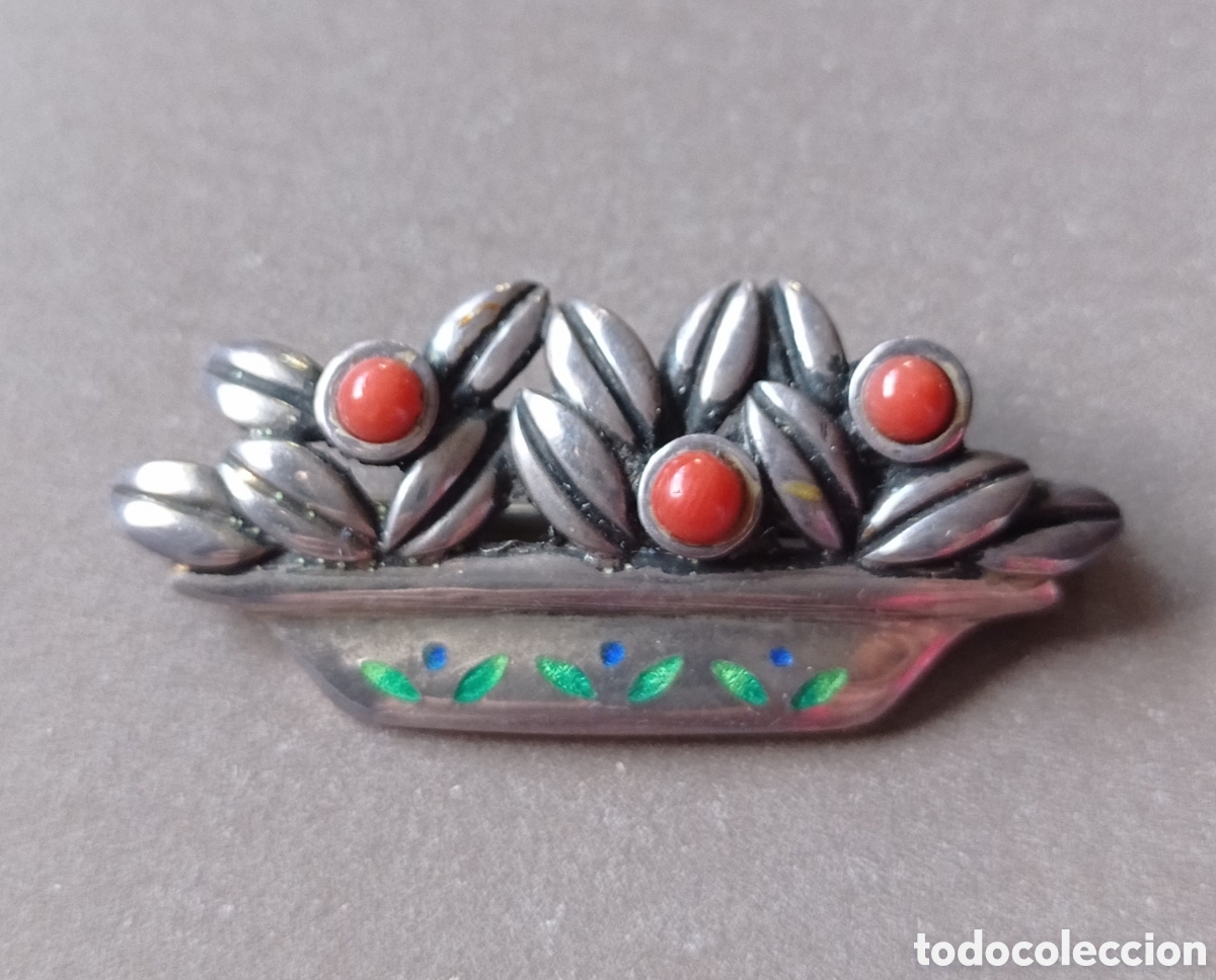 Joyeria: ⚜️FABULOSO BROCHE DE PLATA ESMALTE Y CORAL - Foto 1