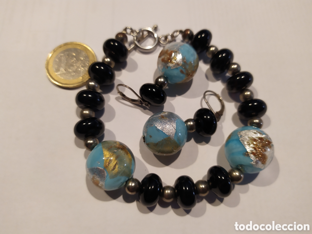 Joyeria: Conjunto de pulsera y pendientes de cristal de Murano y plata. - Foto 1