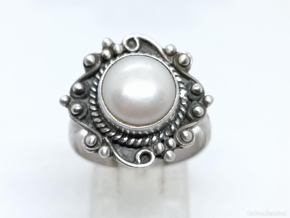 Joyeria: Elegante anillo antiguo en plata de ley contrastada con perla - Foto 3