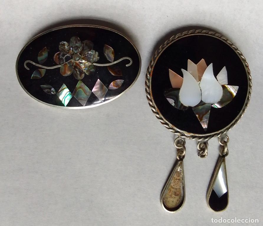 Joyeria: 2 broches alpaca con incrustaciones de nacar (rotos) - Foto 1