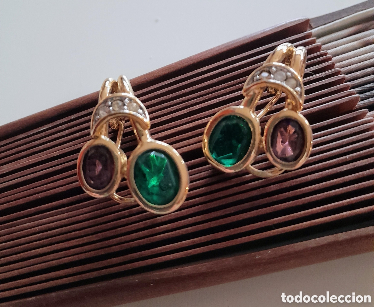 Joyeria: PENDIENTES CHAPADOS ORO CON AMATISTA ESMERALDAS CREADAS - Foto 3