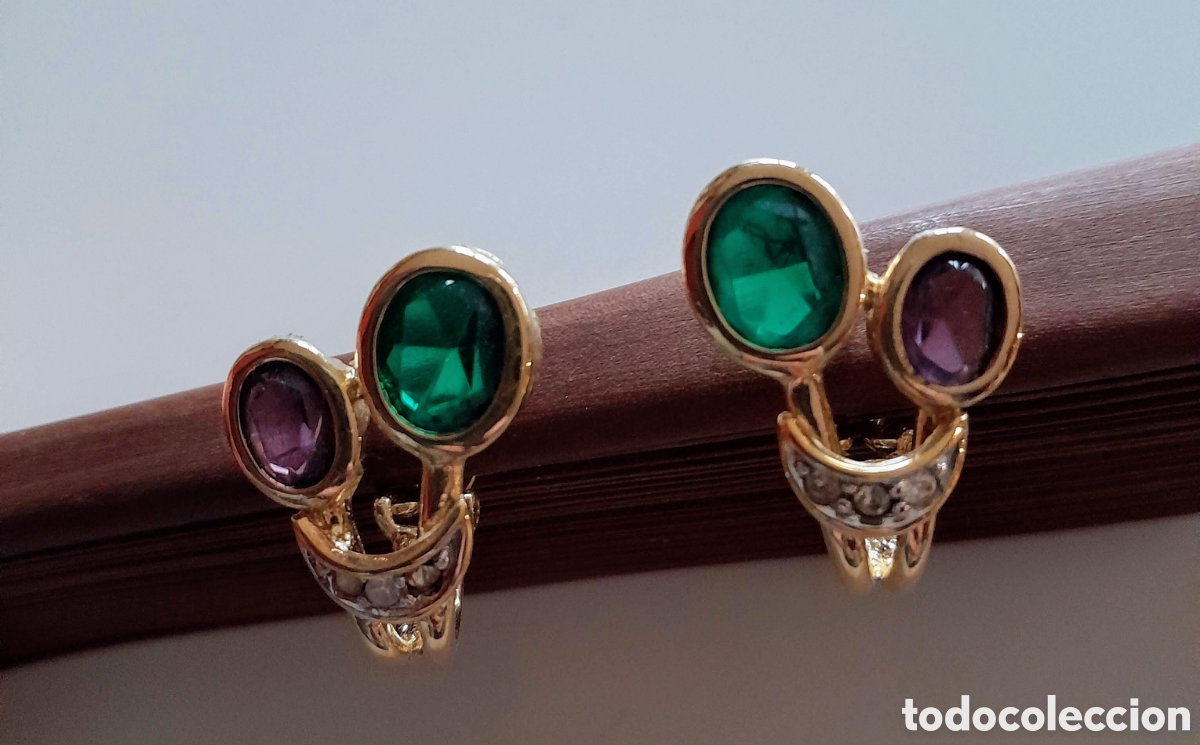 Joyeria: PENDIENTES CHAPADOS ORO CON AMATISTA ESMERALDAS CREADAS - Foto 2