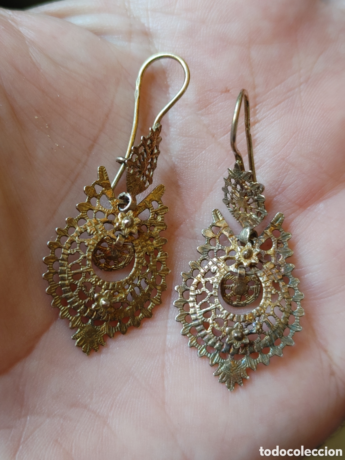 Joyeria: Antiguos pendientes populares, en plata dorada. - Foto 3
