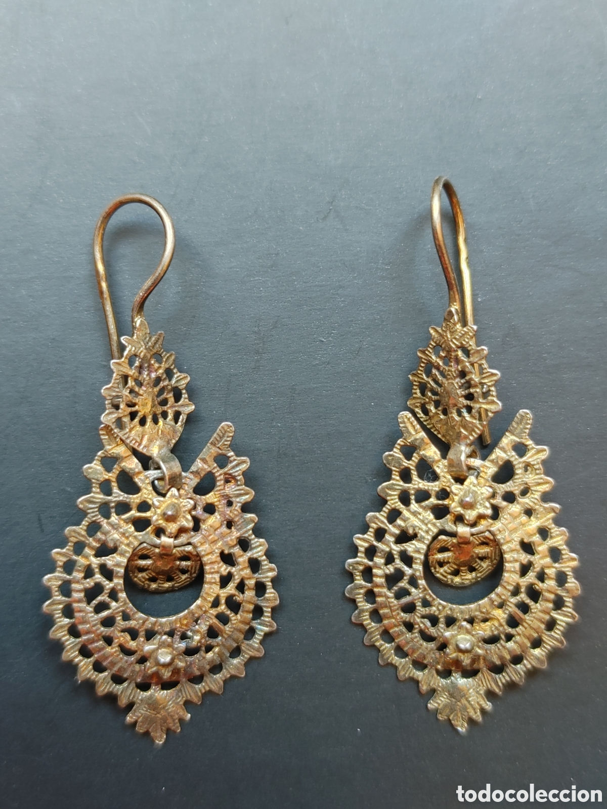 Joyeria: Antiguos pendientes populares, en plata dorada. - Foto 5