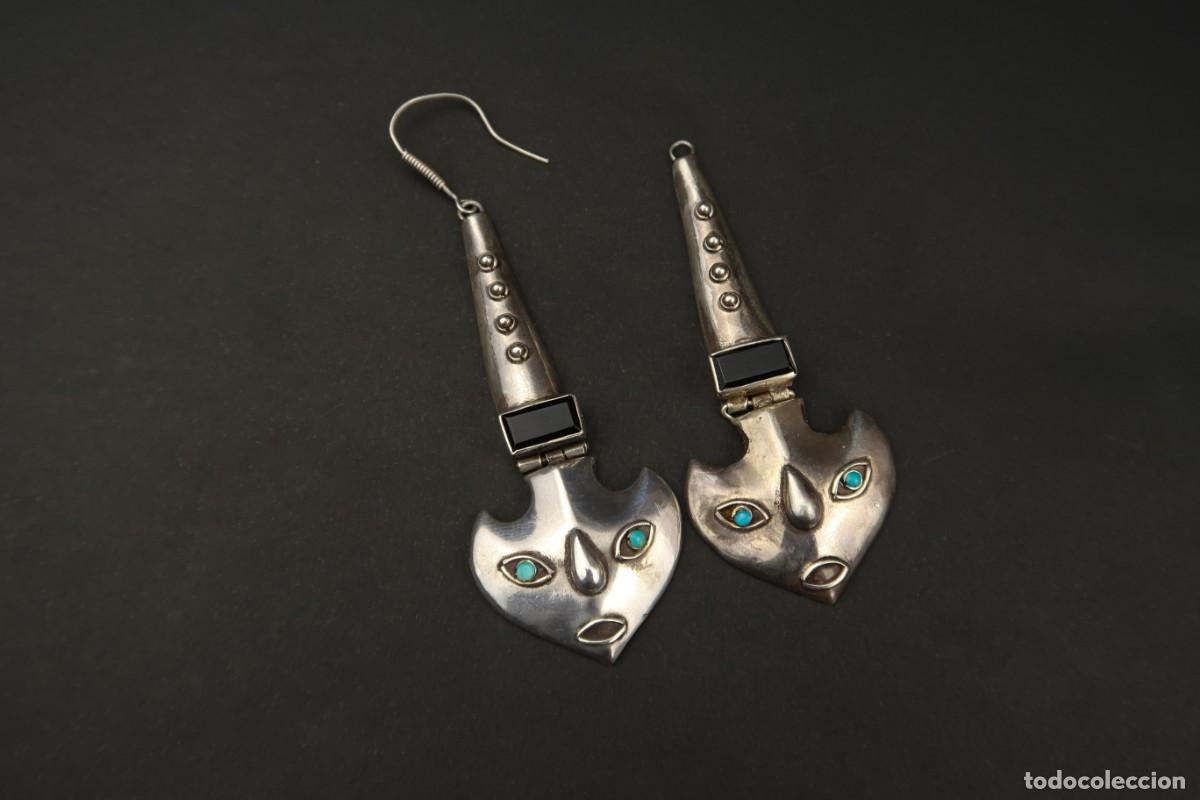 Joyeria: Antiguos Pendientes de Plata Onyx y Turquesas - Foto 2
