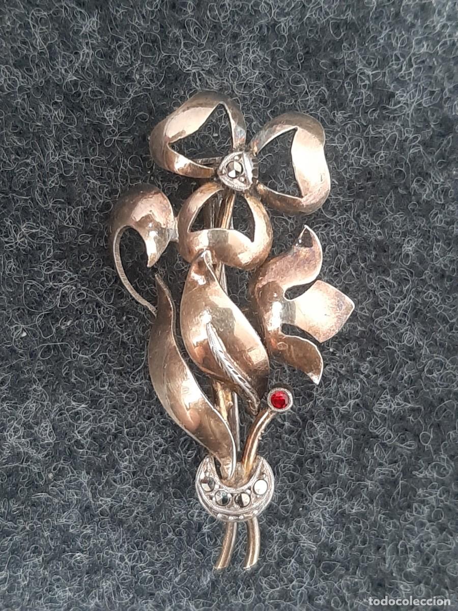 Joyeria: Broche de plata antiguo tr&eacute;bol de la suerte con un rubi - Foto 1
