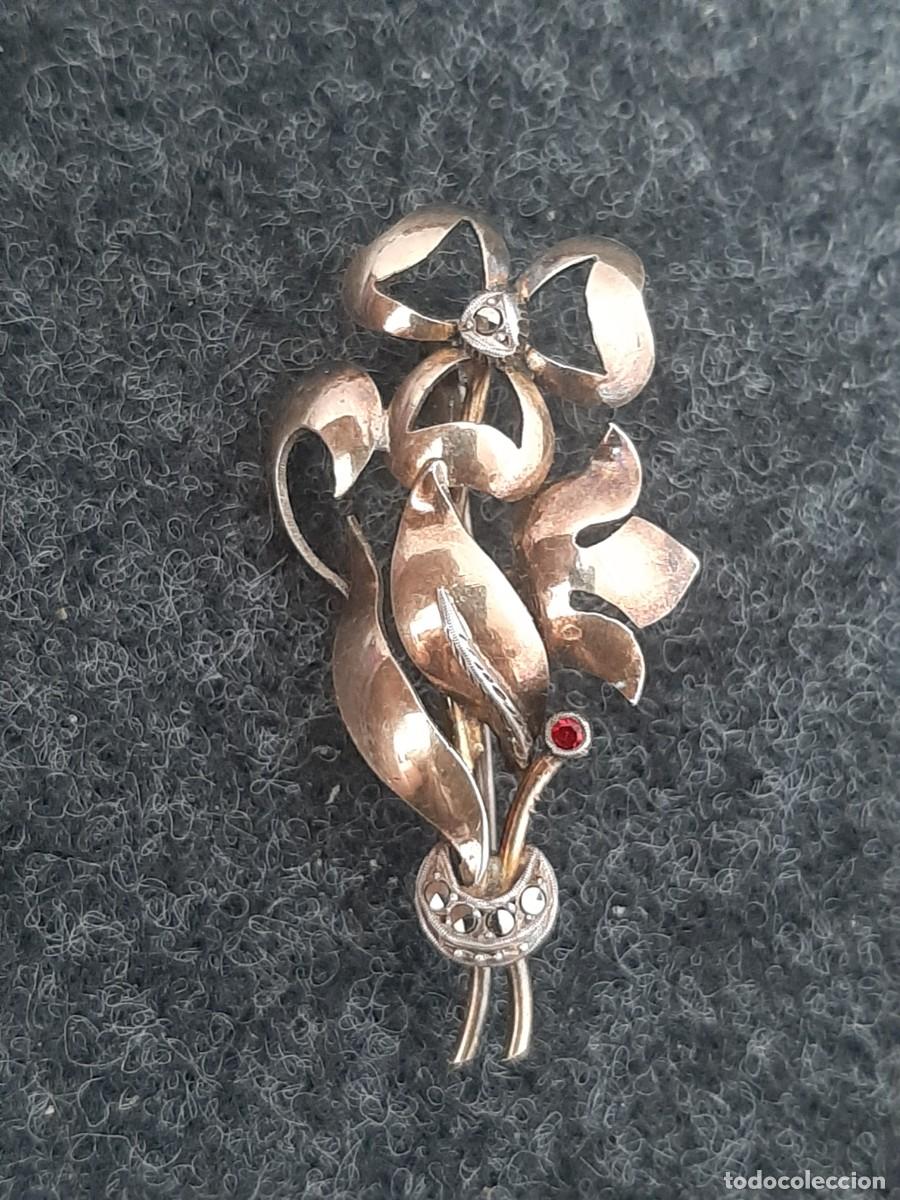 Joyeria: Broche de plata antiguo tr&eacute;bol de la suerte con un rubi - Foto 3