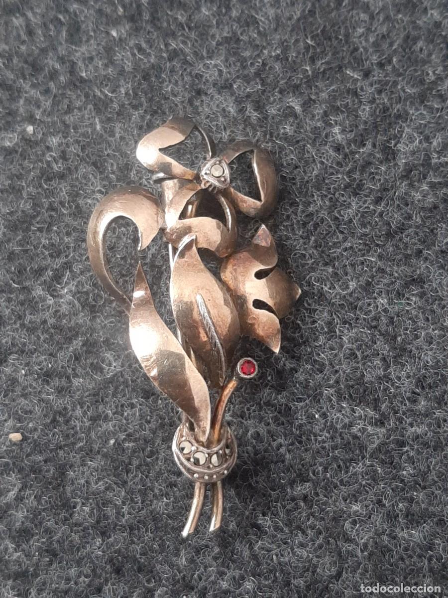 Joyeria: Broche de plata antiguo tr&eacute;bol de la suerte con un rubi - Foto 4