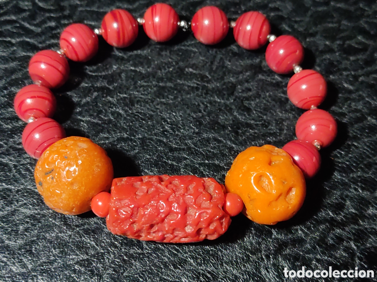 Joyeria: Pulsera de vidrio y opalina roja.Vintage. - Foto 2