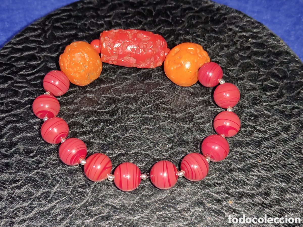 Joyeria: Pulsera de vidrio y opalina roja.Vintage. - Foto 3