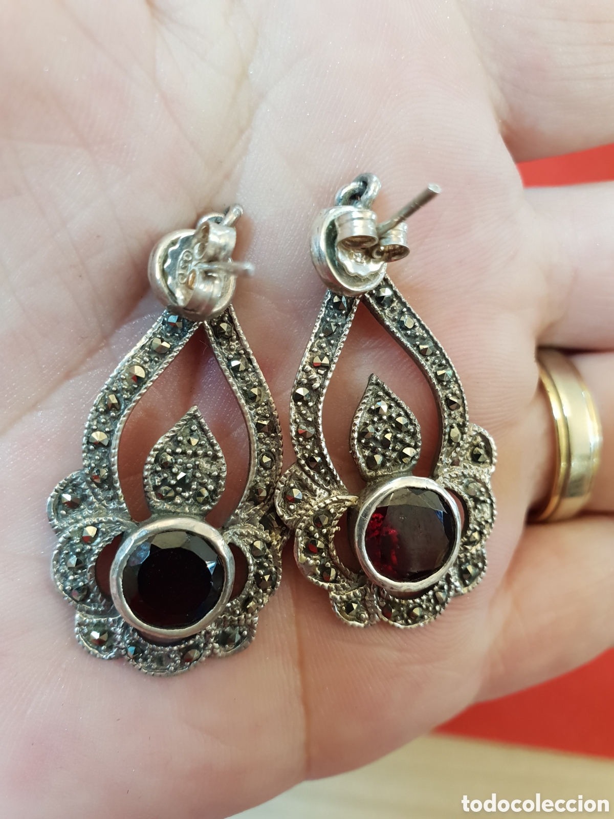 Joyeria: ANTIGUOS PENDIENTES PLATA DE LEY Y MARQUESITAS. 4CM LARGO. - Foto 6