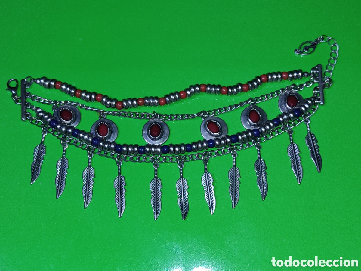 Joyeria: Pulsera estilo indio Navajo con abalorios y plumas. - Foto 1