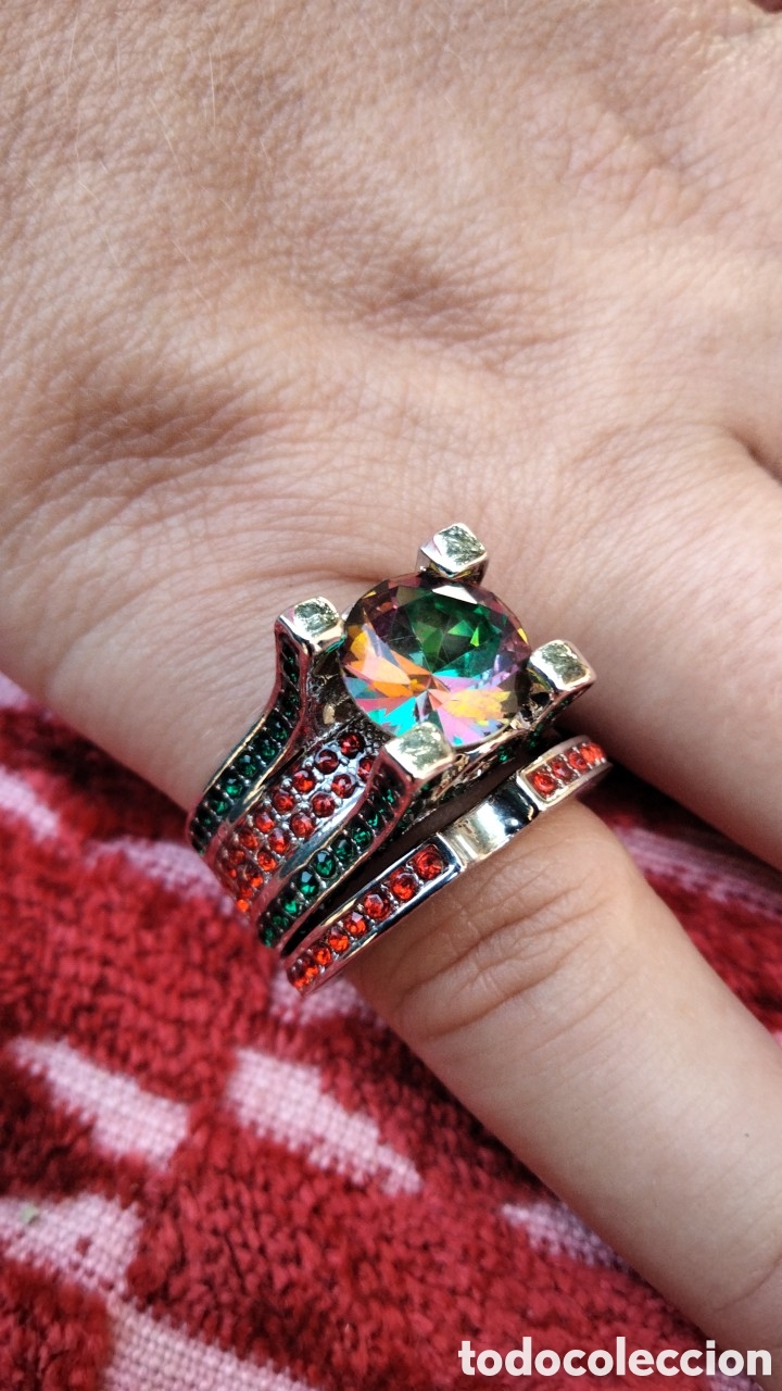 Joyeria: ORGINAL ANILLO DOBLE UNISEX CON GRAN TOPACIO MISTICO CREADO EN ORO LAMINADO