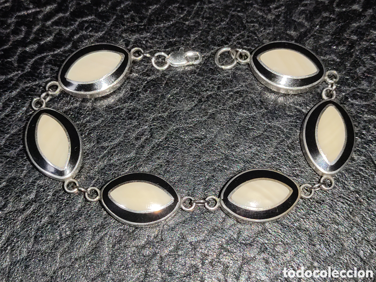 Joyeria: Pulsera plateada con incrustaciones de n&aacute;car.Vintage. - Foto 2