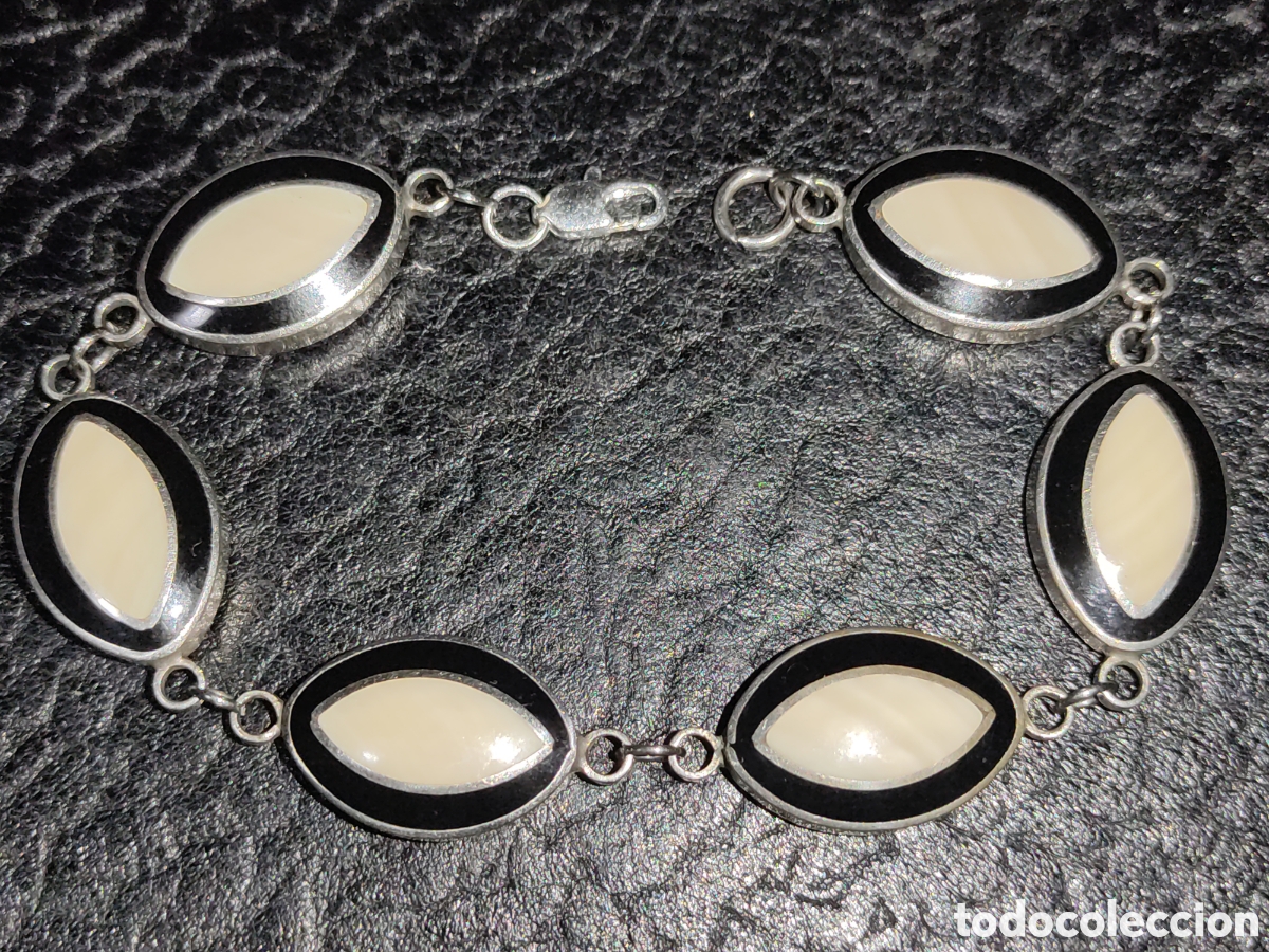 Joyeria: Pulsera plateada con incrustaciones de n&aacute;car.Vintage. - Foto 4