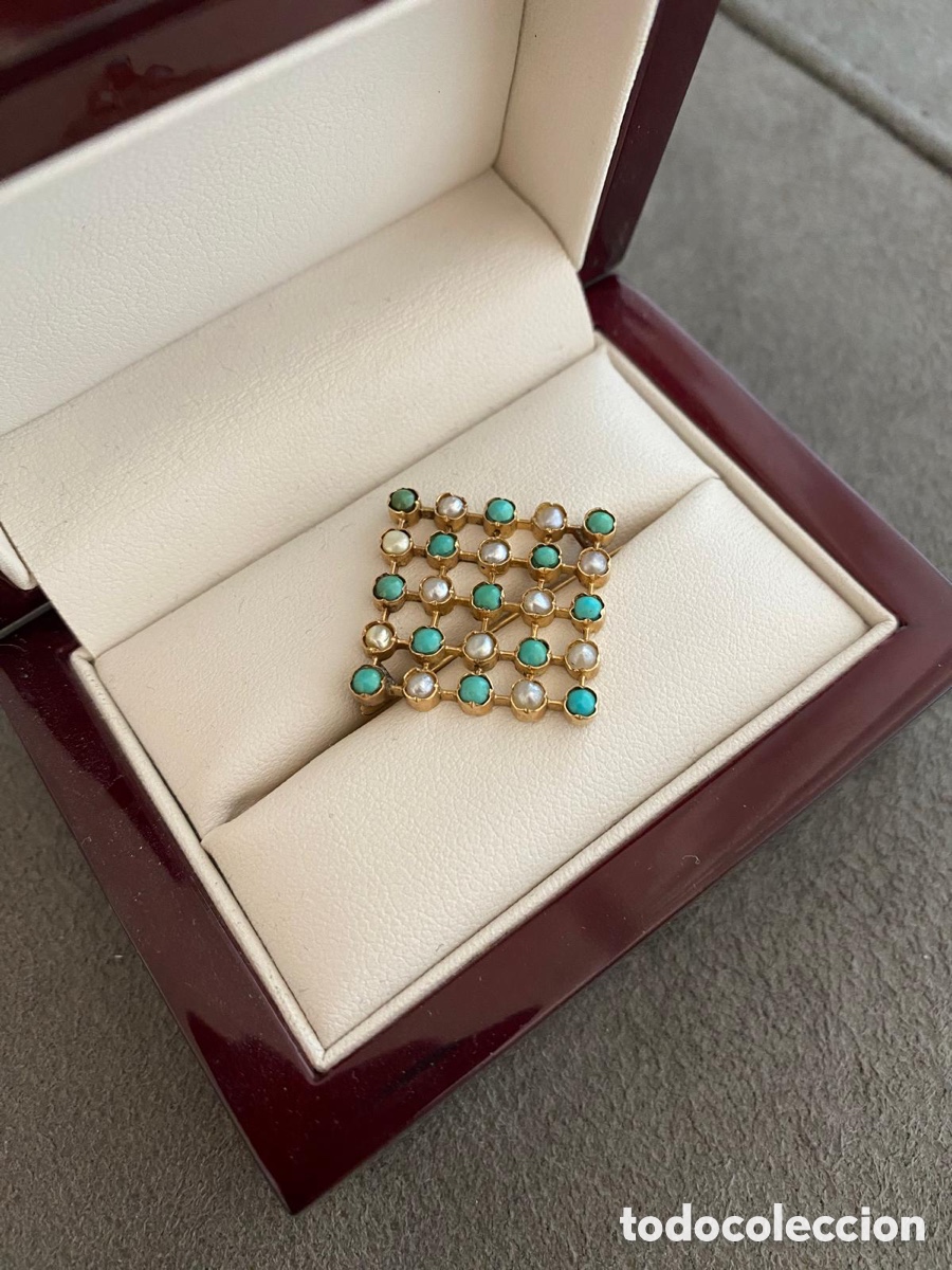 Joyeria: Broche antiguo chapado oro perlas y turquesas - Foto 1