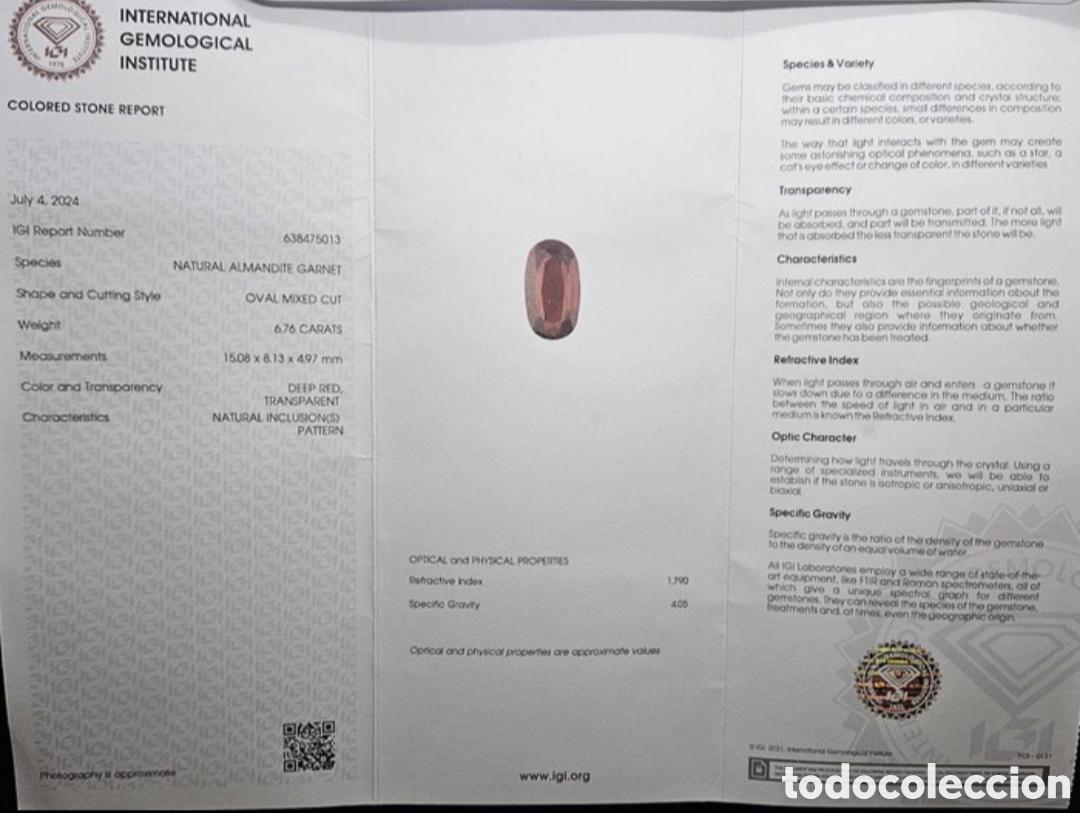Joyeria: Granate 6,76 ct certificado gemol&oacute;gico - Foto 4