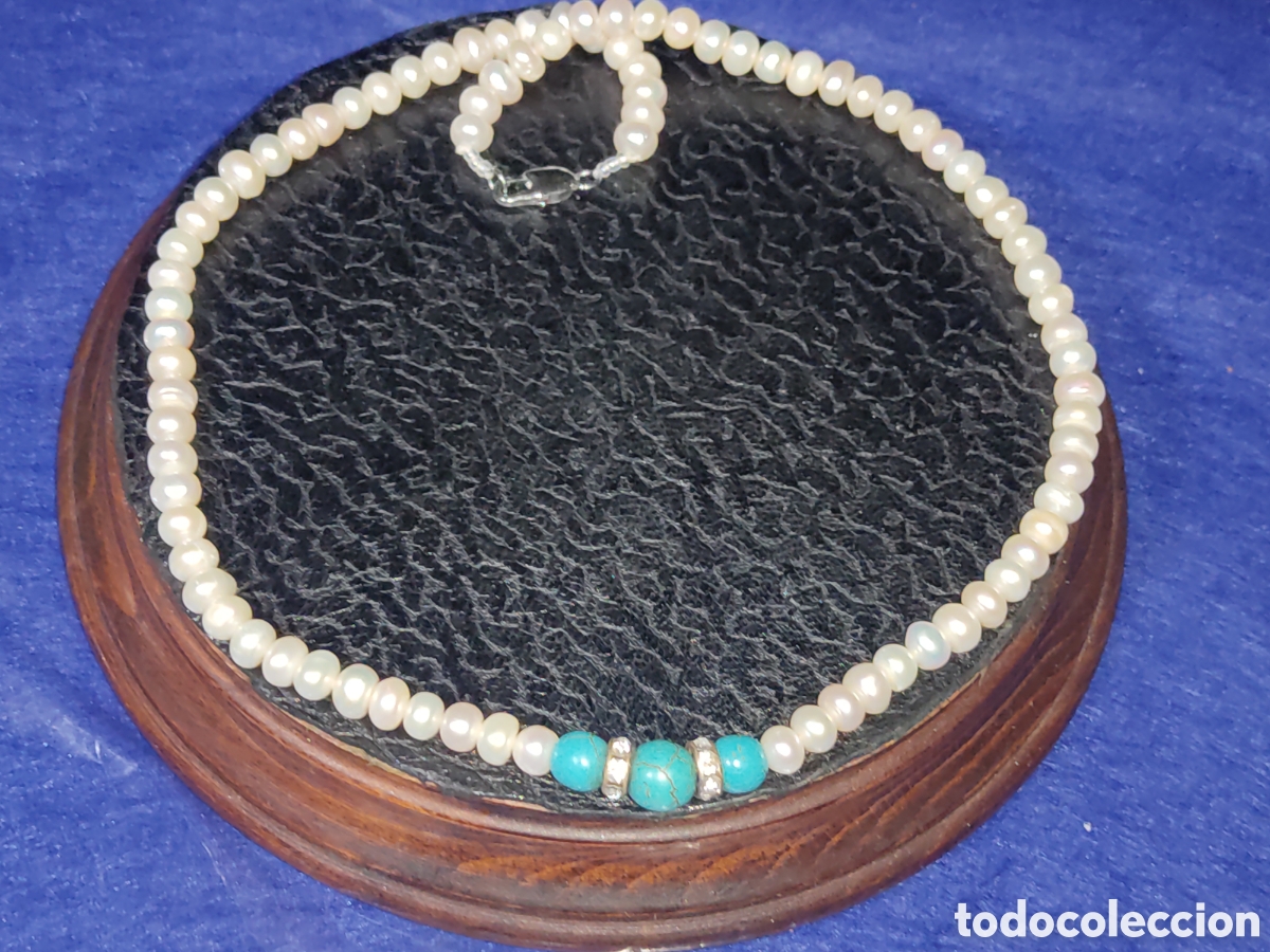 Joyeria: Collar de perlas cultivadas y 3 cuentas turquesa. - Foto 2