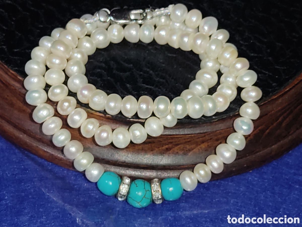 Joyeria: Collar de perlas cultivadas y 3 cuentas turquesa. - Foto 3