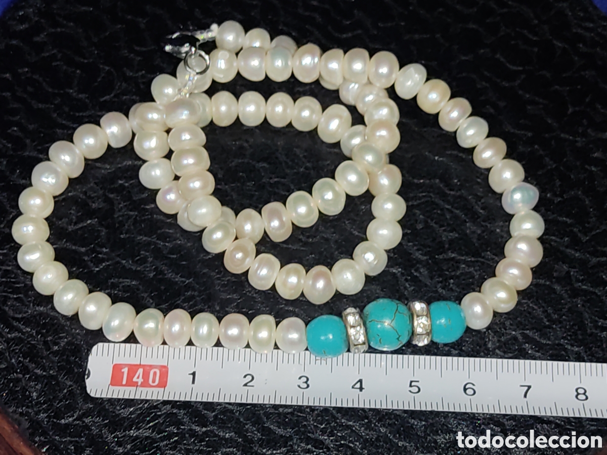 Joyeria: Collar de perlas cultivadas y 3 cuentas turquesa. - Foto 4