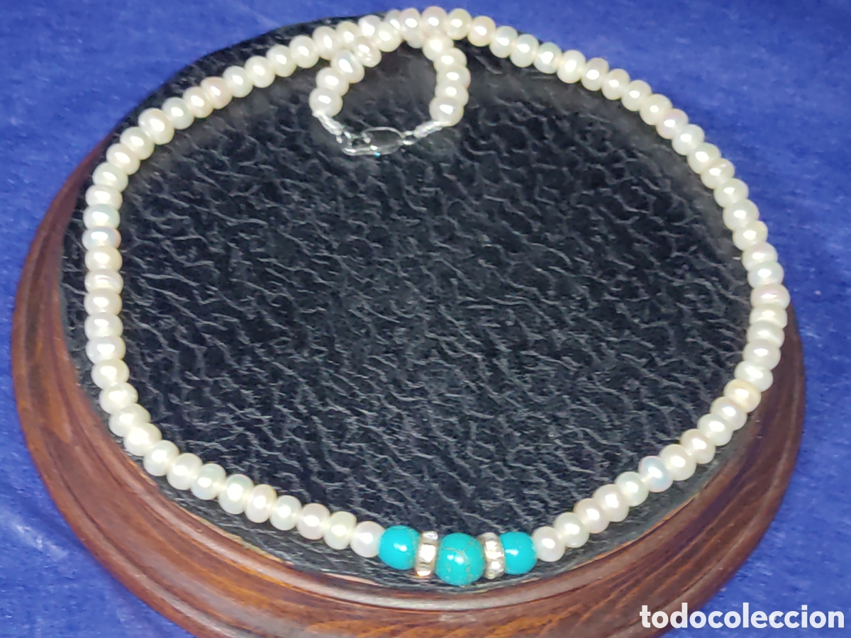 Joyeria: Collar de perlas cultivadas y 3 cuentas turquesa. - Foto 1