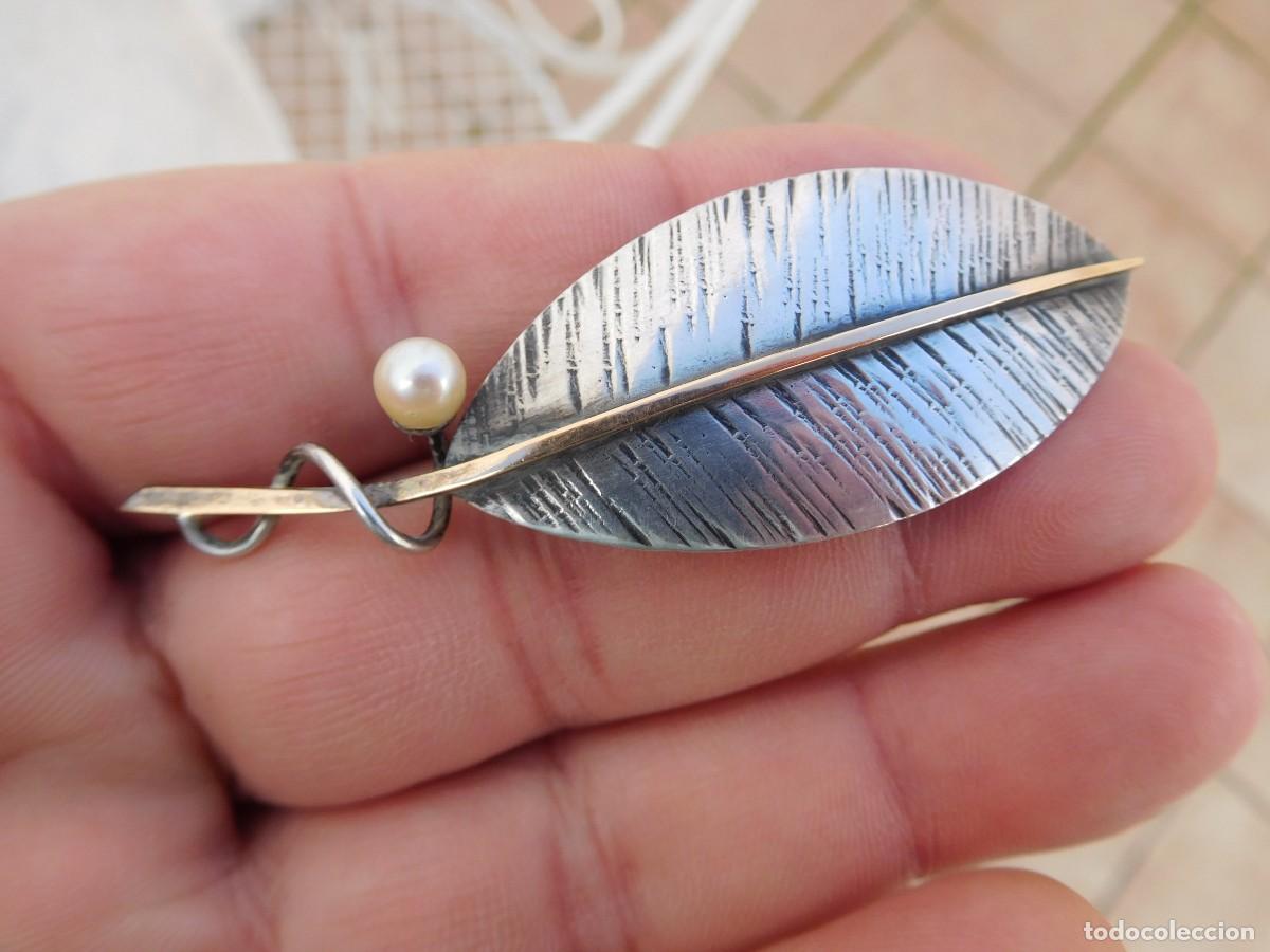 Joyeria: Broche antiguo de plata hoja con perla - Foto 1