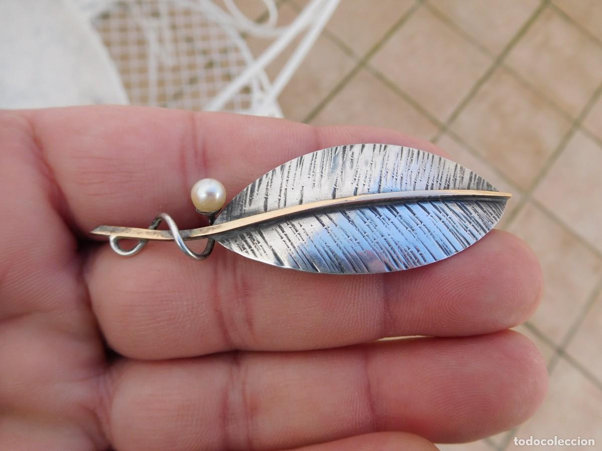 Joyeria: Broche antiguo de plata hoja con perla - Foto 2