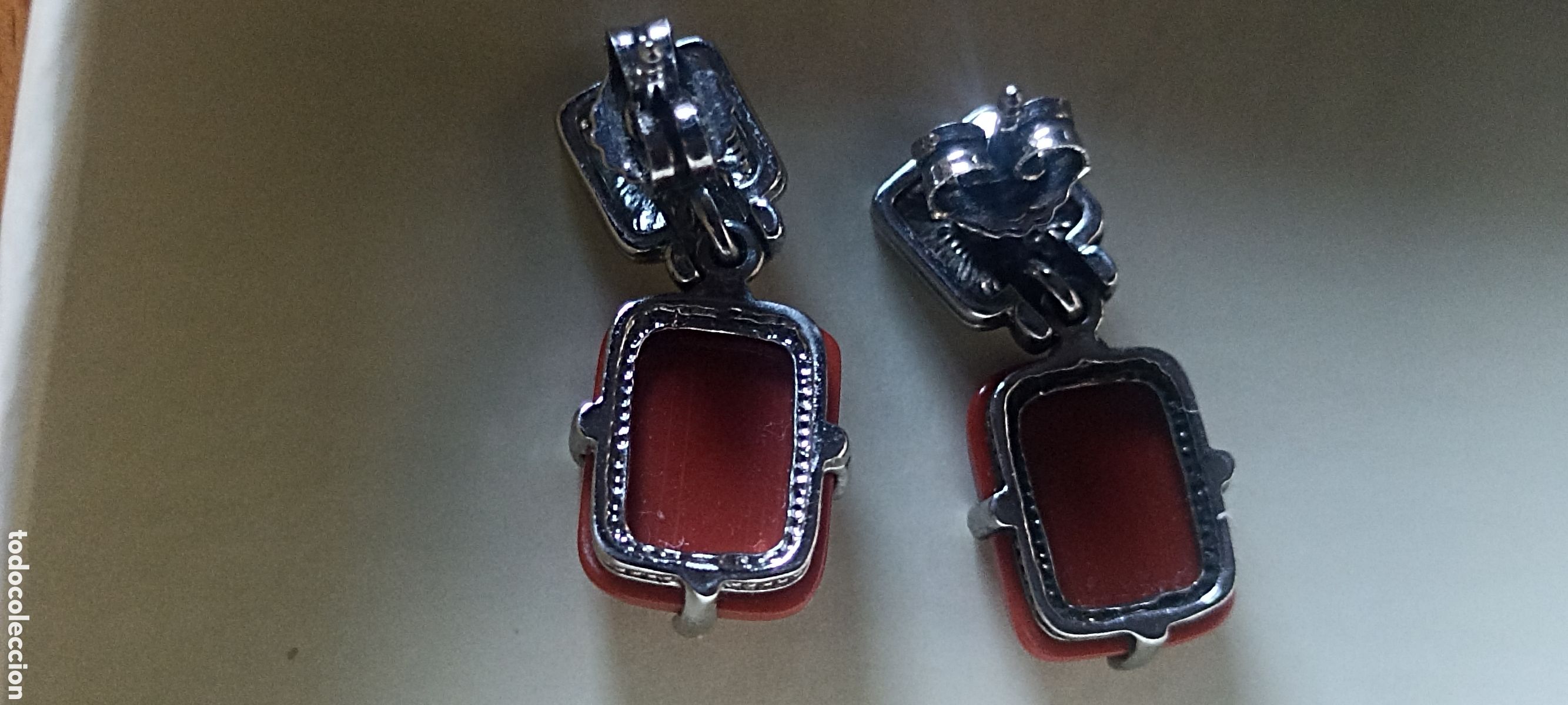 Joyeria: Pendientes a&ntilde;os 60 con colgante rectangular color teja - Foto 2