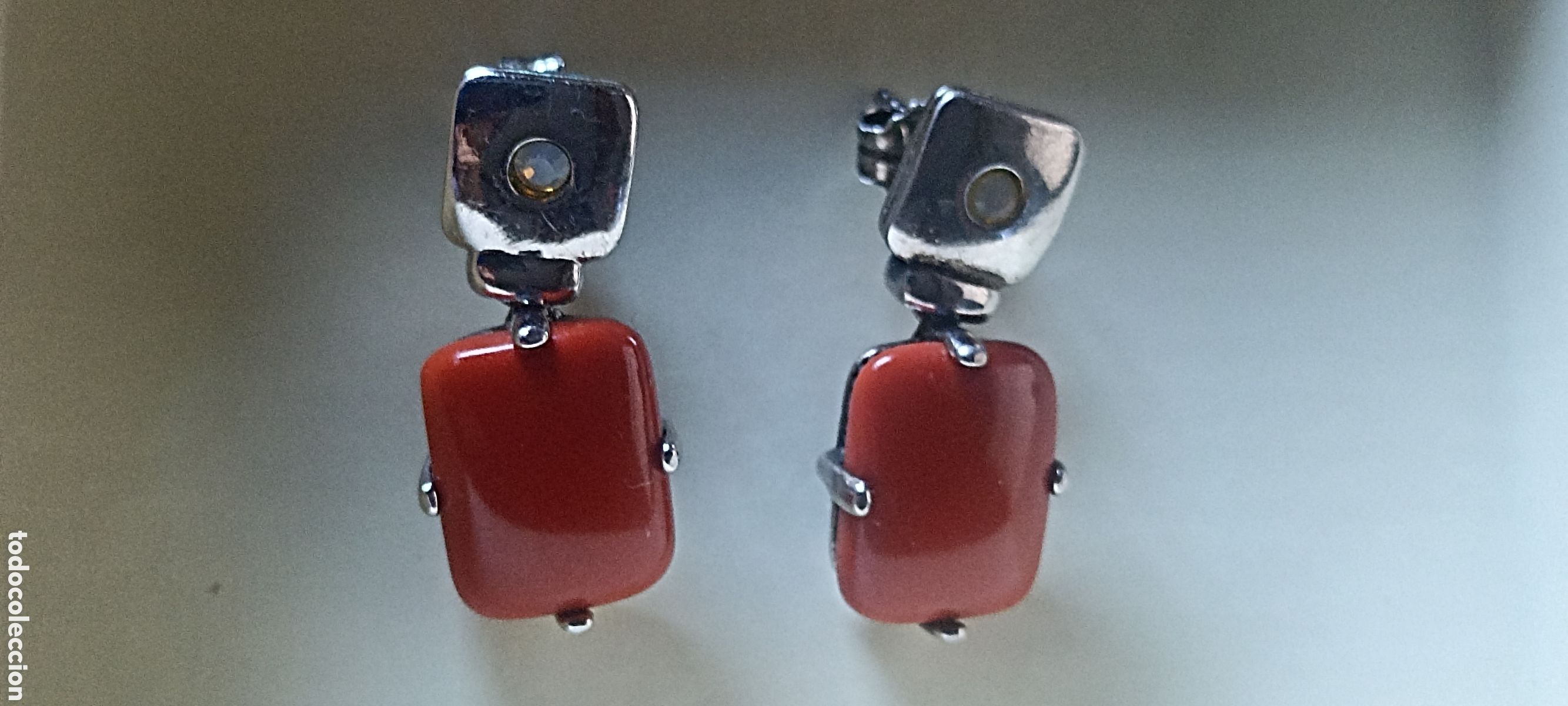 Joyeria: Pendientes a&ntilde;os 60 con colgante rectangular color teja - Foto 1
