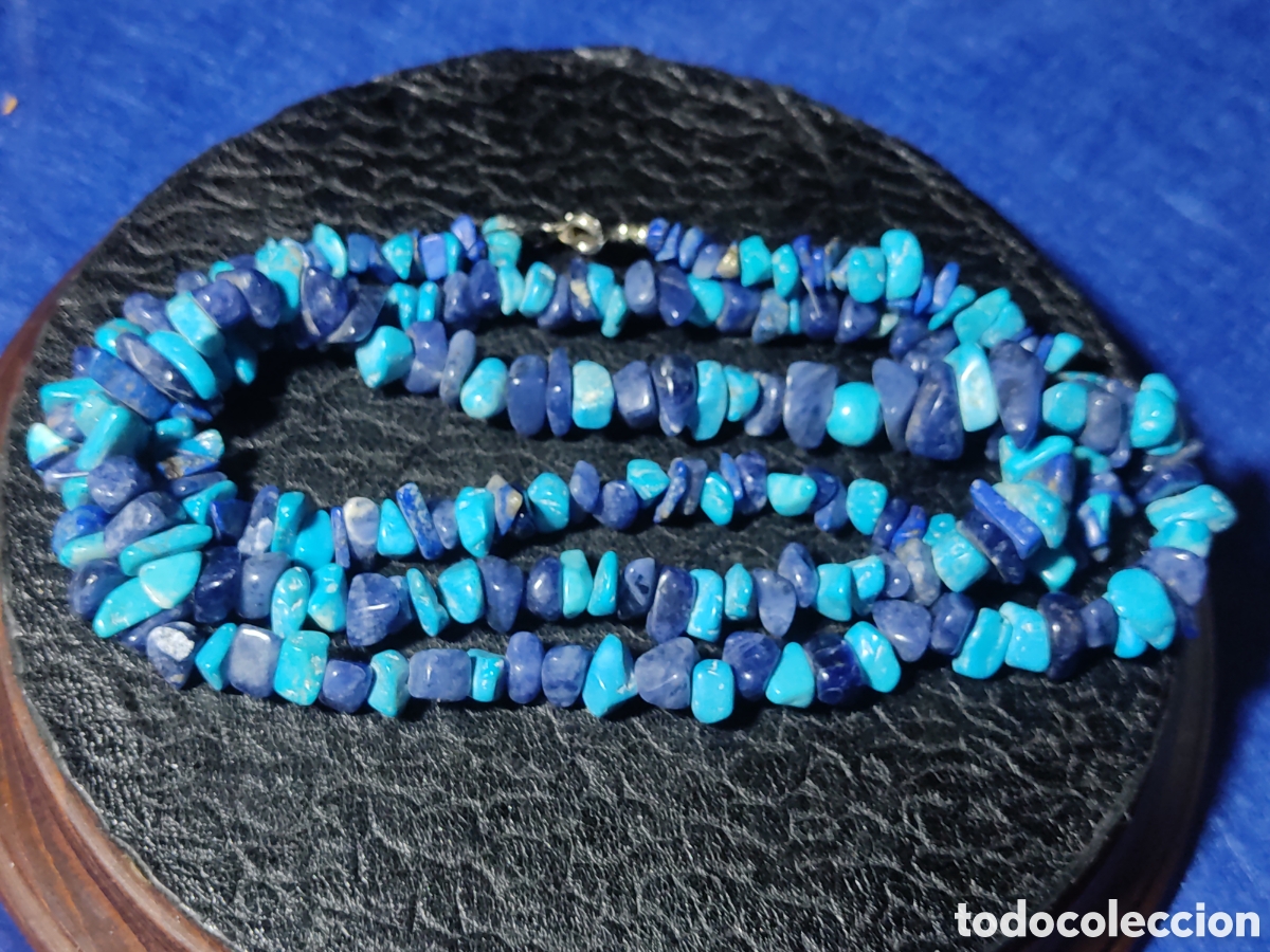 Joyeria: Collar largo de lapisl&aacute;zuli y turquesa.Vintage. - Foto 4