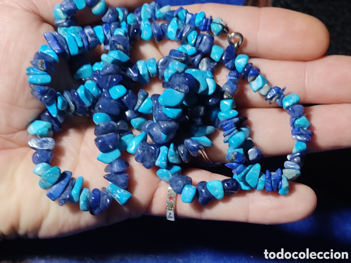 Joyeria: Collar largo de lapisl&aacute;zuli y turquesa.Vintage. - Foto 6