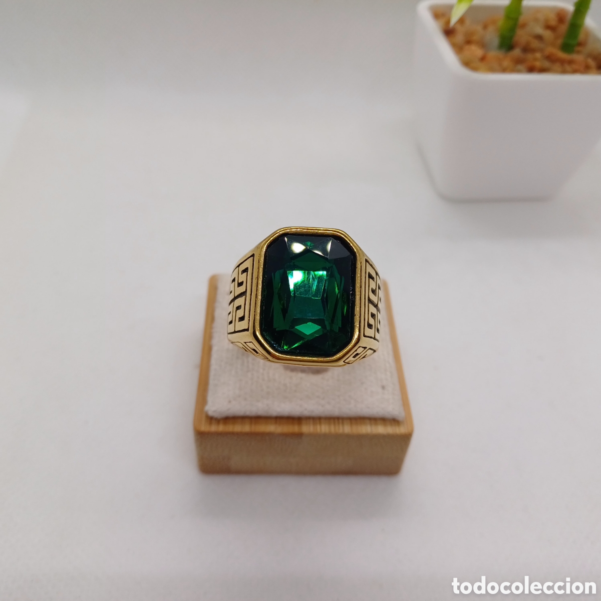 Gioielleria: Anillo Acero Ba&ntilde;o Oro y S&iacute;mil Esmeralda