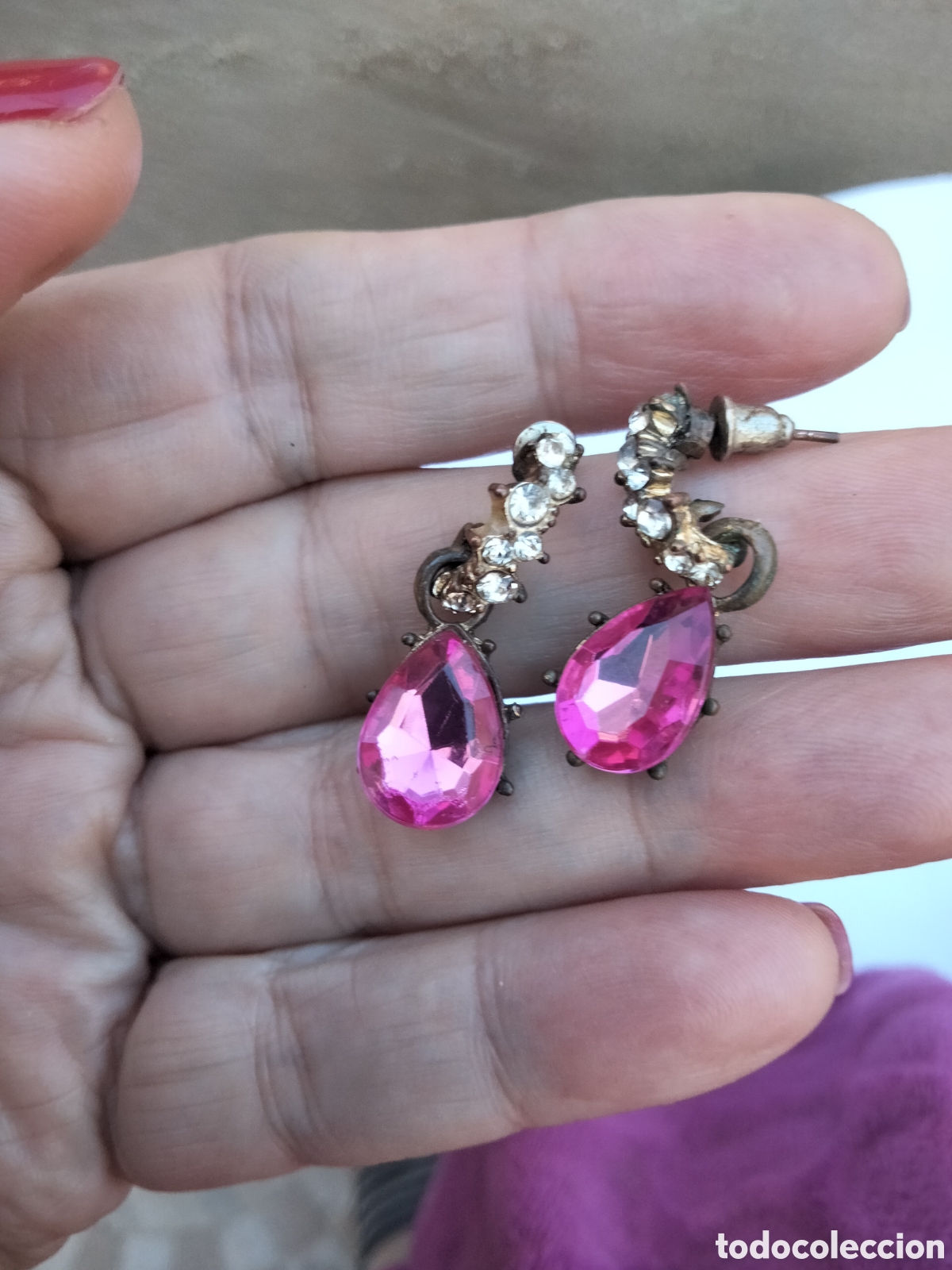 Joyeria: Antiguos pendientes de cristal checo lila o rosa