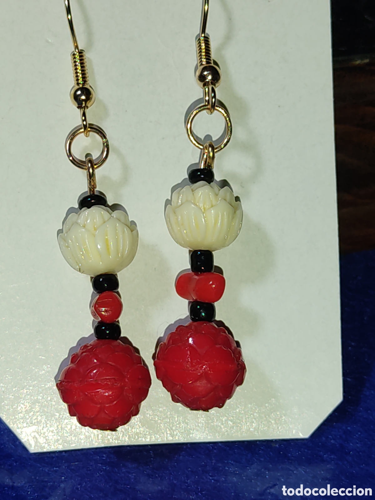 Joyeria: Pendientes de opalina roja y cinabrio flor del loto.Vintage. - Foto 2