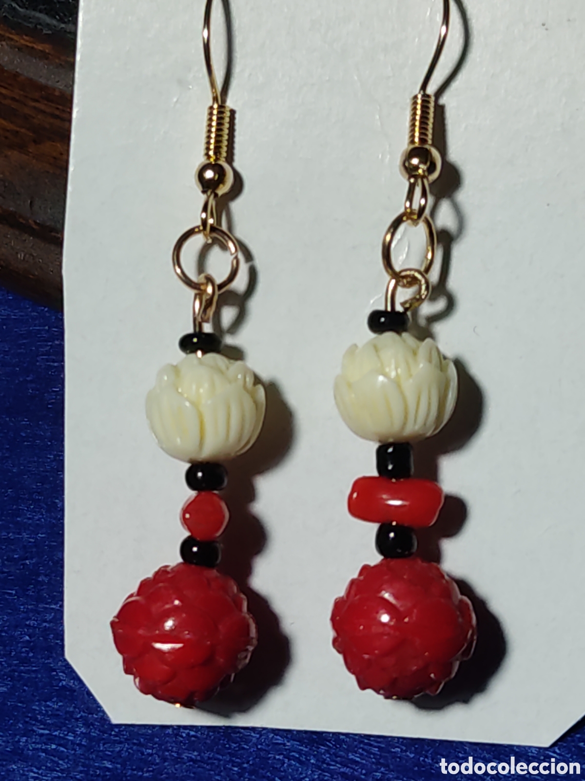 Joyeria: Pendientes de opalina roja y cinabrio flor del loto.Vintage. - Foto 3